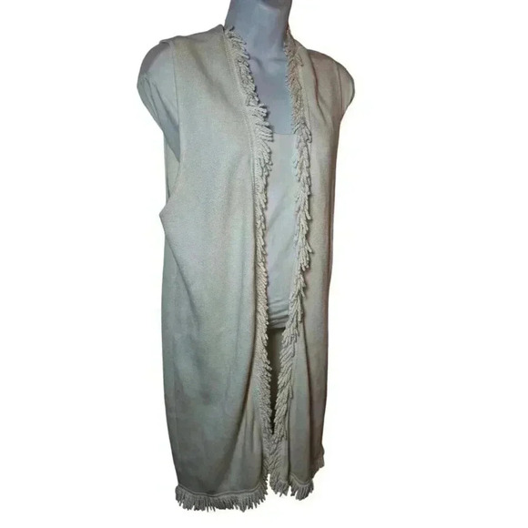 Chico's Women's Ivory/Cream Open Front Fringe Sleeveless Long Vest Size 1 M/8 - Picture 3 of 10